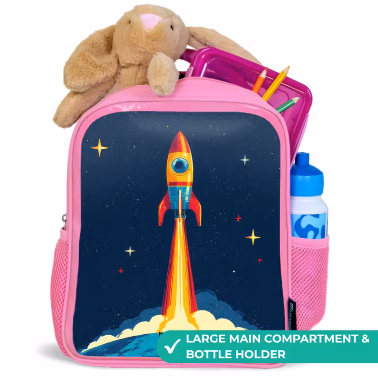 Kids backpack - Pink - Planet - Rocket - Stars - Dark blue — 2