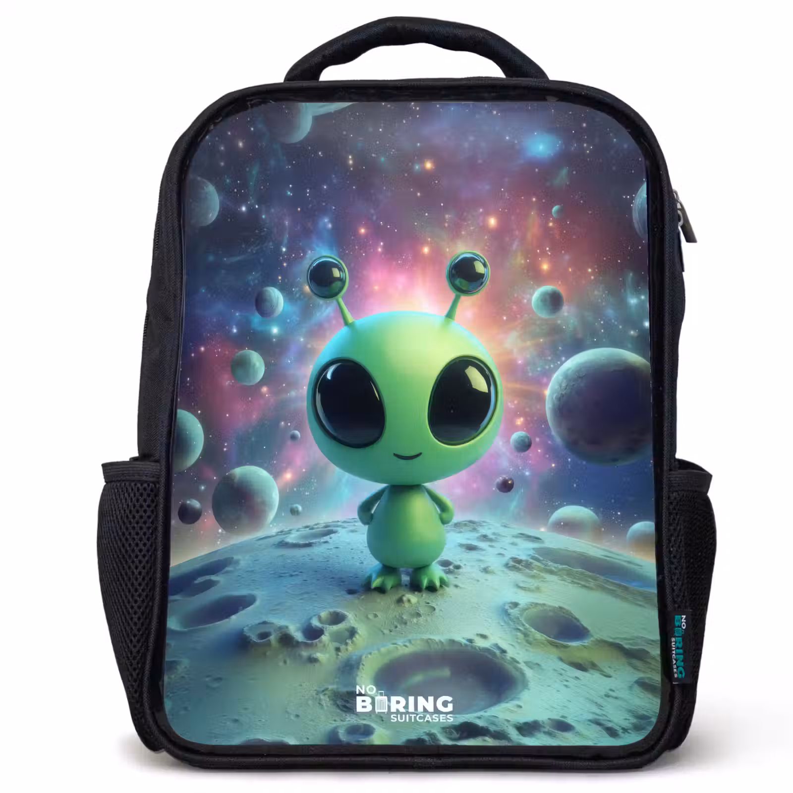 Kids backpack - Black - Green alien creature on lunar landscape — 1