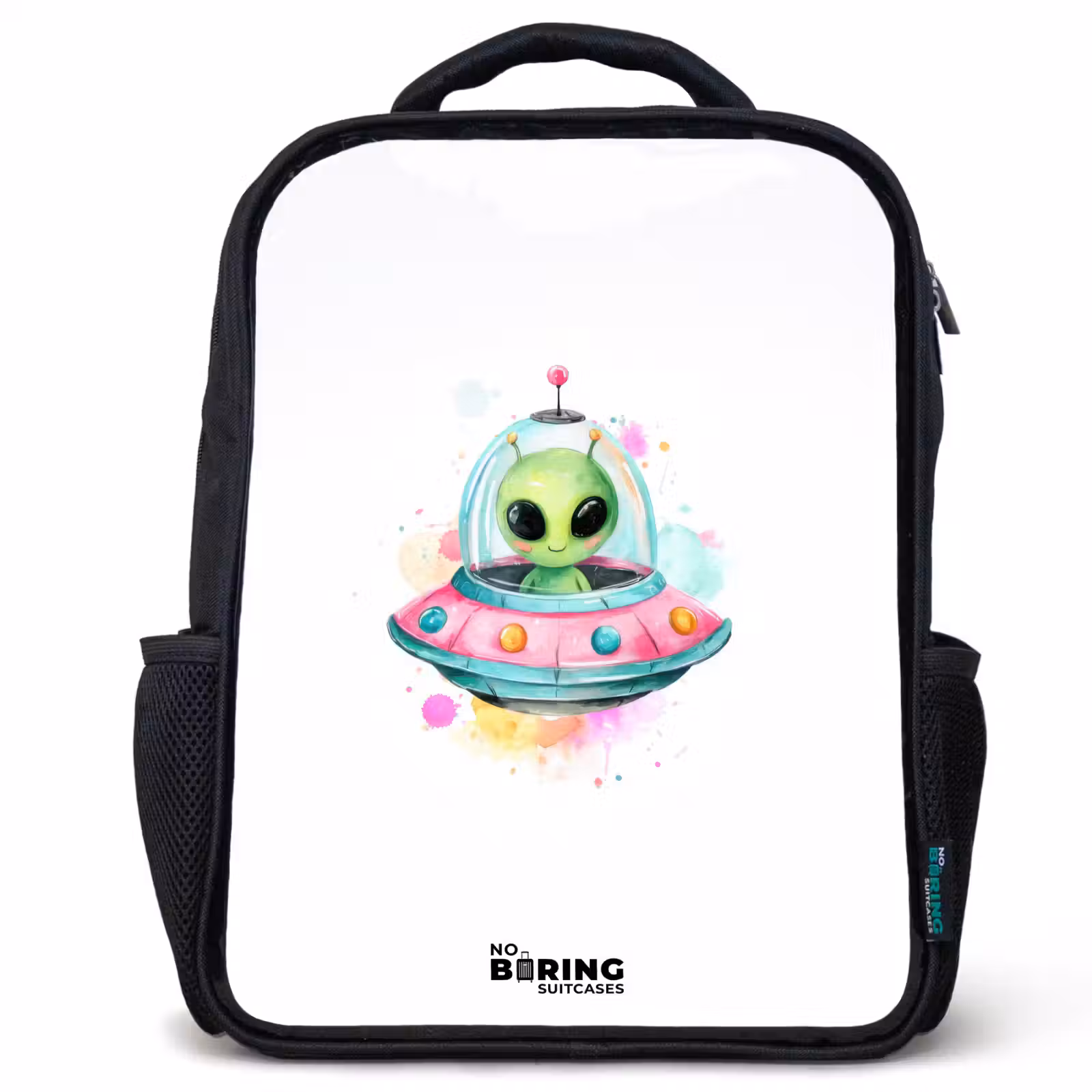 Kids backpack - Black - Green alien in colorful UFO — 1