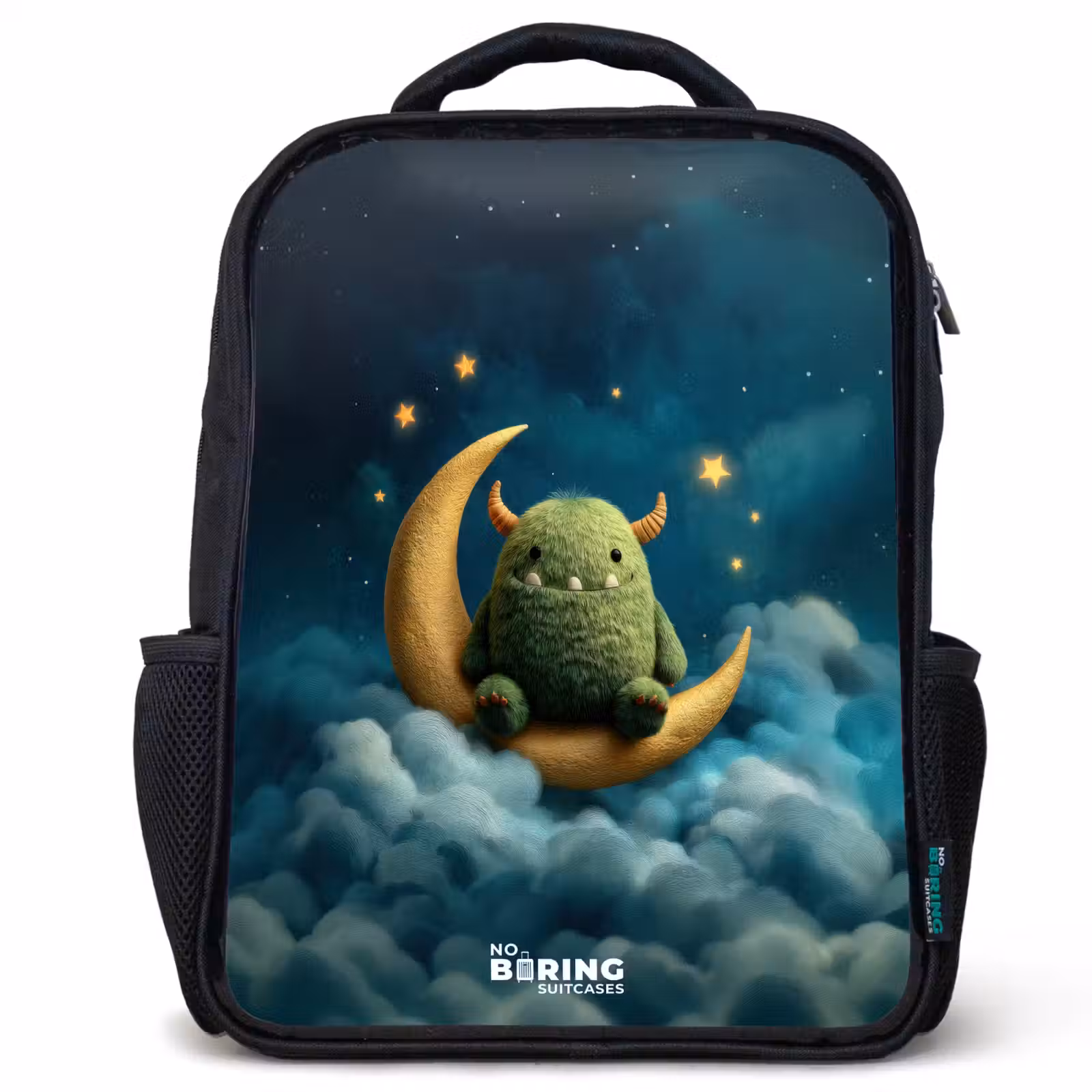 Kids backpack - Black - Green monster on crescent moon — 1