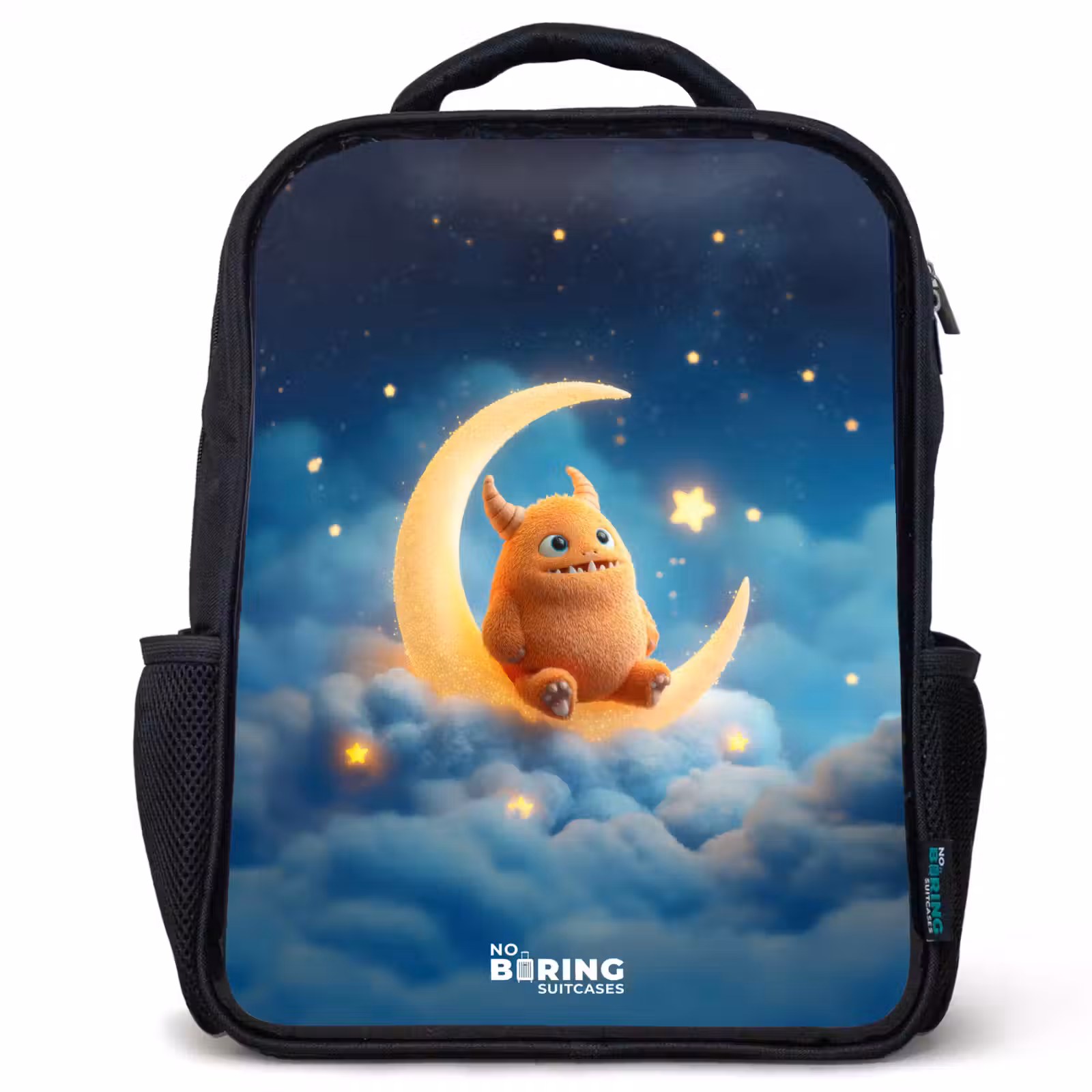 Kids backpack - Black - Orange monster on crescent moon — 1