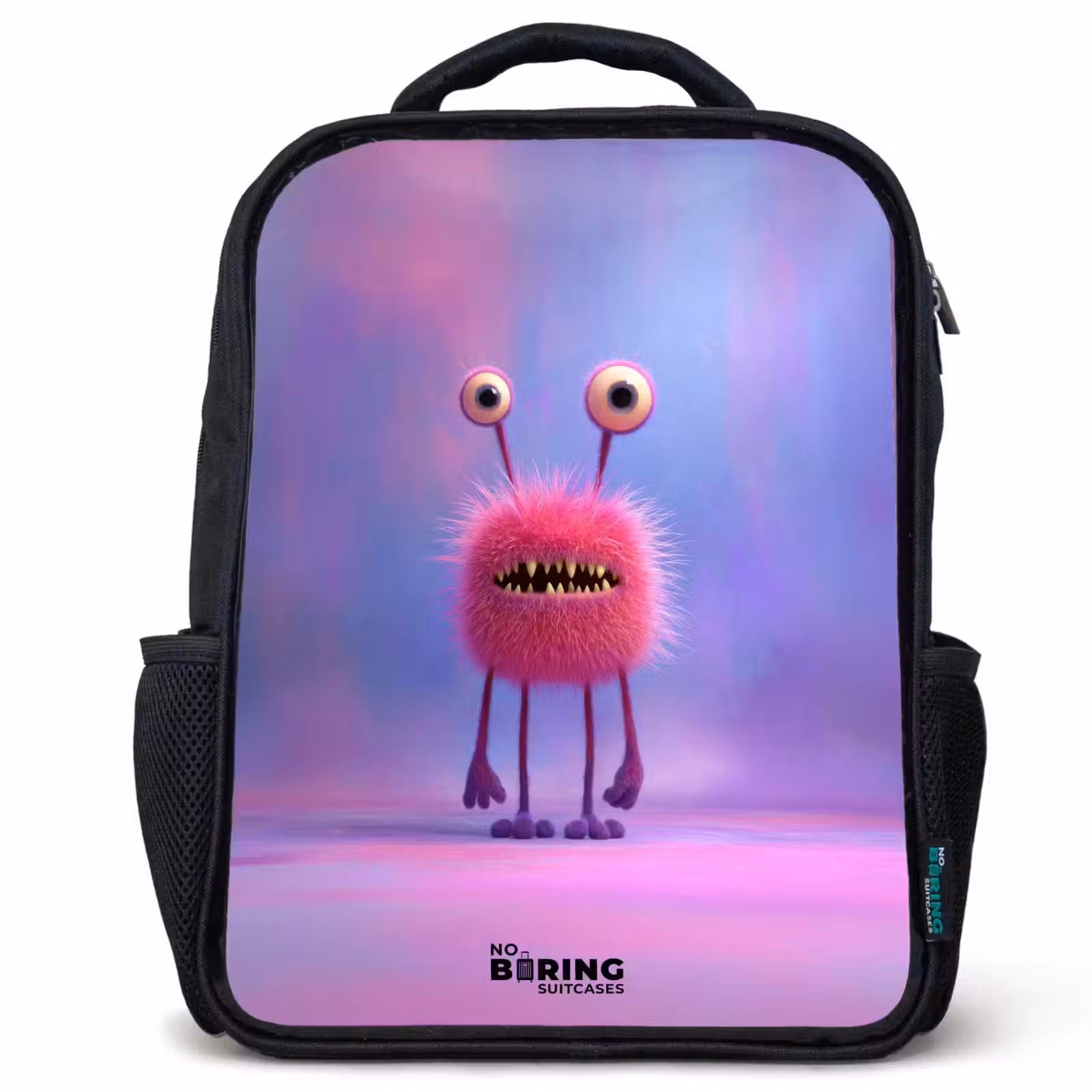 Kids backpack - Black - Pink furry monster with big eyes — 1