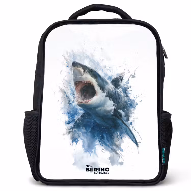 Kids backpack - Black - Attacking shark in watercolor — 1