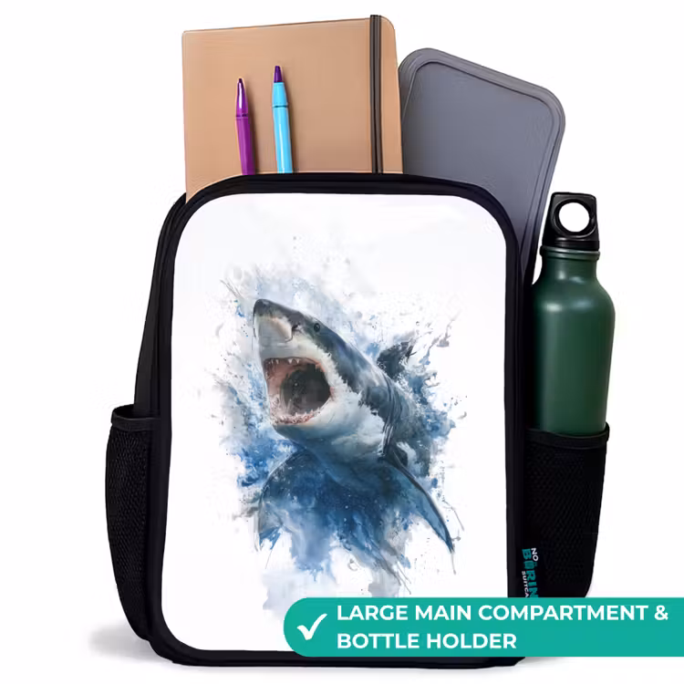 Kids backpack - Black - Attacking shark in watercolor — 10