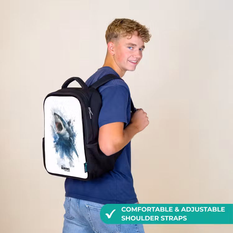 Kids backpack - Black - Attacking shark in watercolor — 11