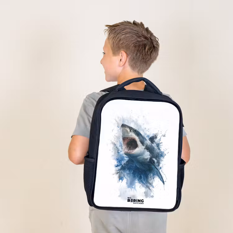 Kids backpack - Black - Attacking shark in watercolor — 2