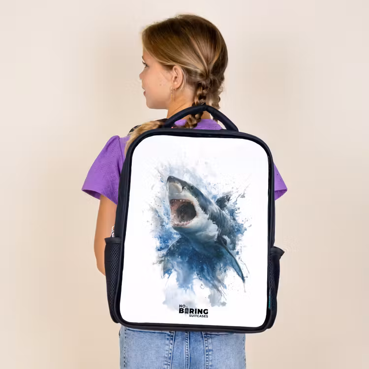 Kids backpack - Black - Attacking shark in watercolor — 4