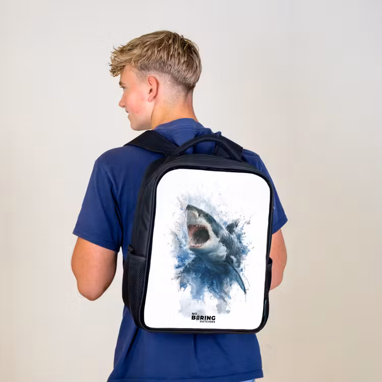 Kids backpack - Black - Attacking shark in watercolor — 5