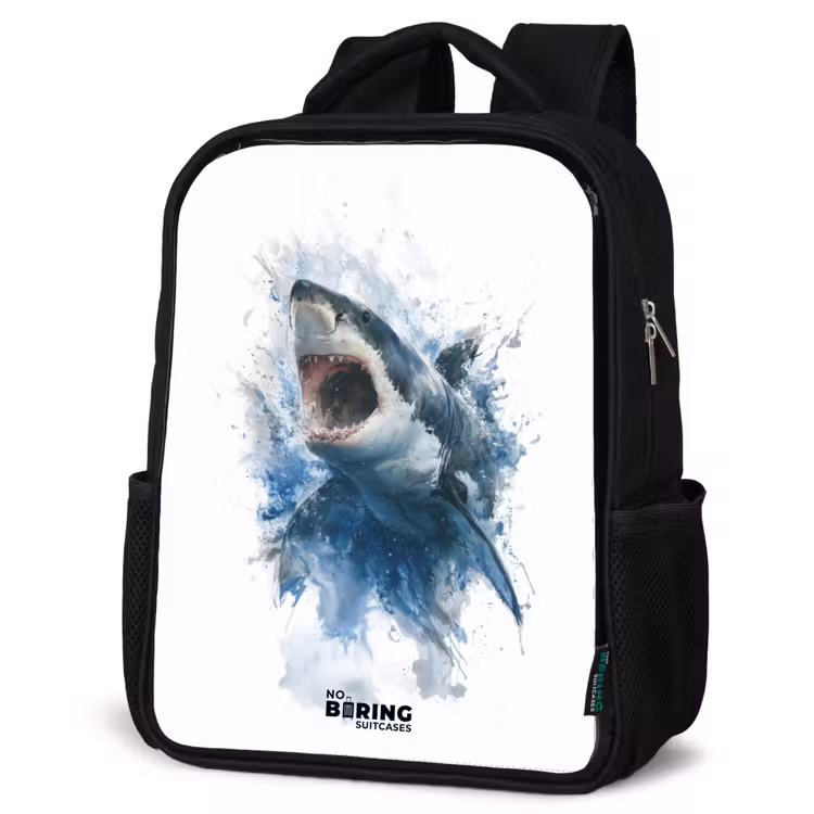 Kids backpack - Black - Attacking shark in watercolor — 6