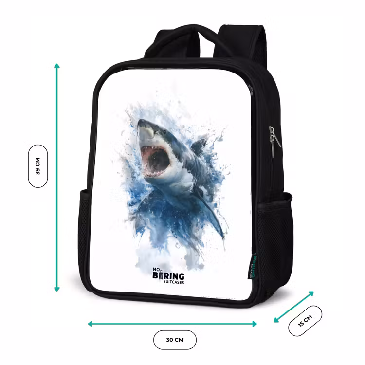 Kids backpack - Black - Attacking shark in watercolor — 8