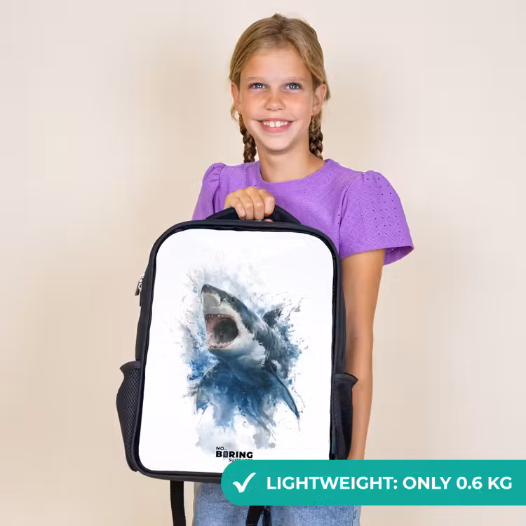 Kids backpack - Black - Attacking shark in watercolor — 9