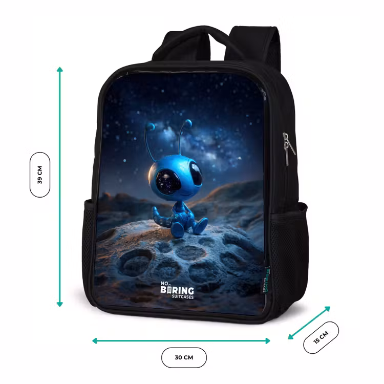 Kids backpack - Black - Blue alien creature under starry sky — 8