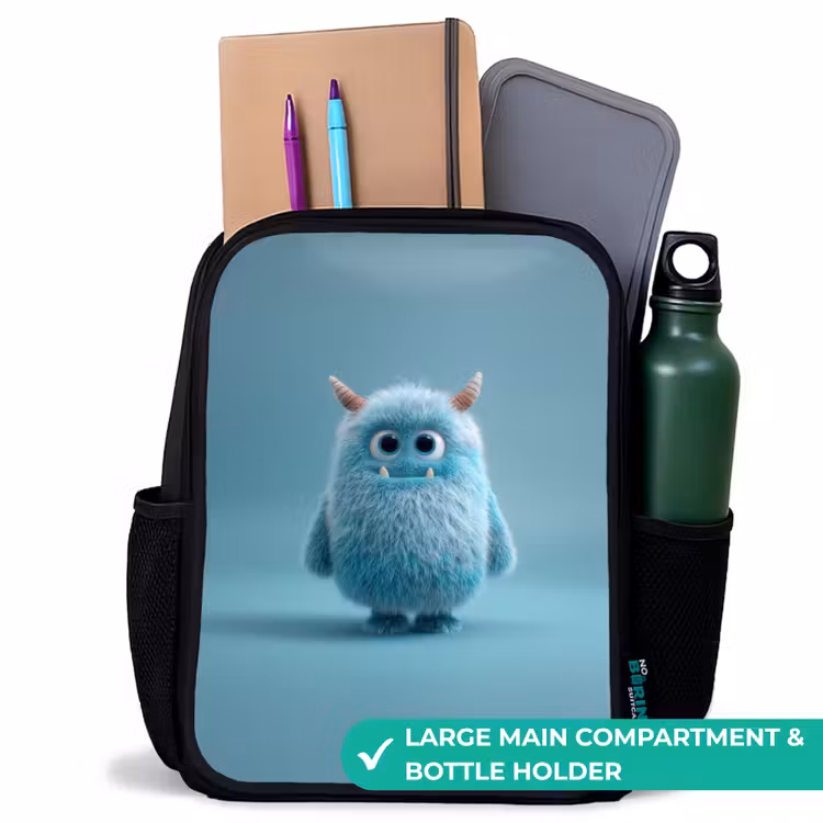 Kids backpack - Black - Blue fluffy monster with horns — 10