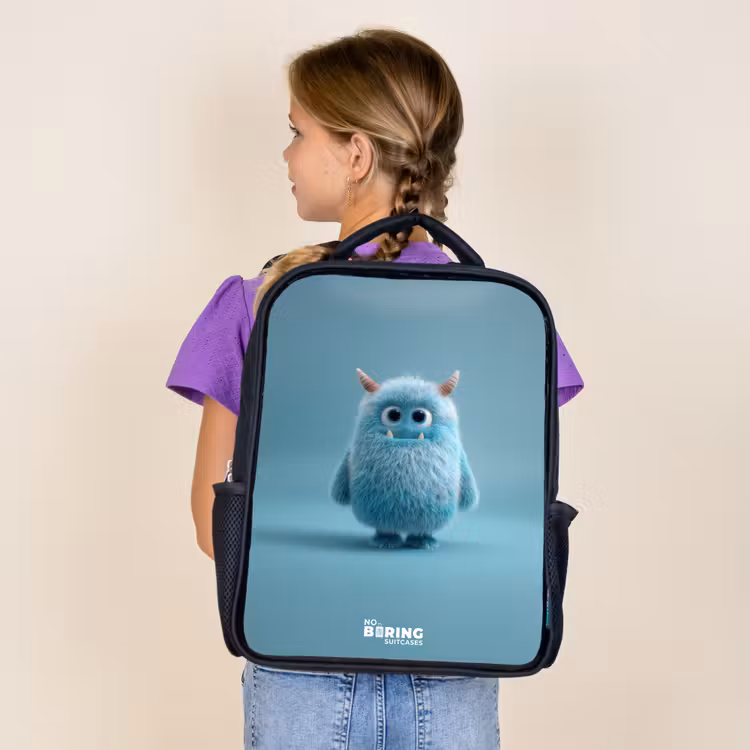 Kids backpack - Black - Blue fluffy monster with horns — 4