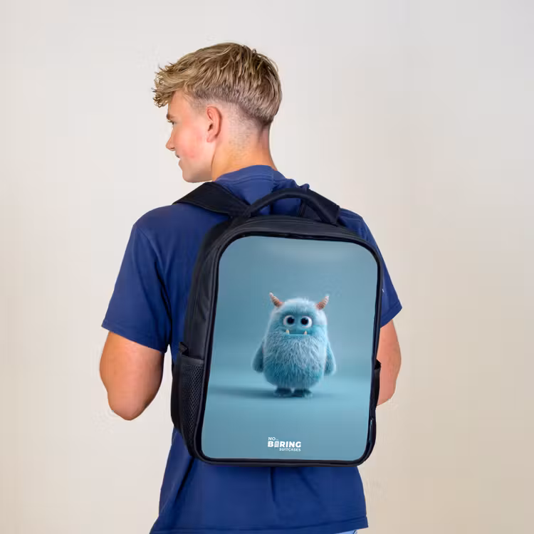 Kids backpack - Black - Blue fluffy monster with horns — 5