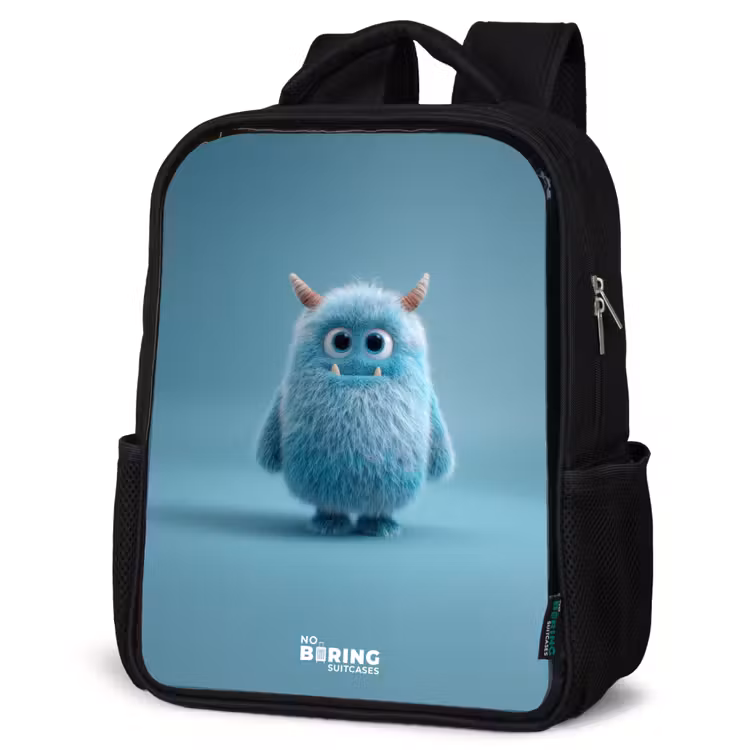 Kids backpack - Black - Blue fluffy monster with horns — 6