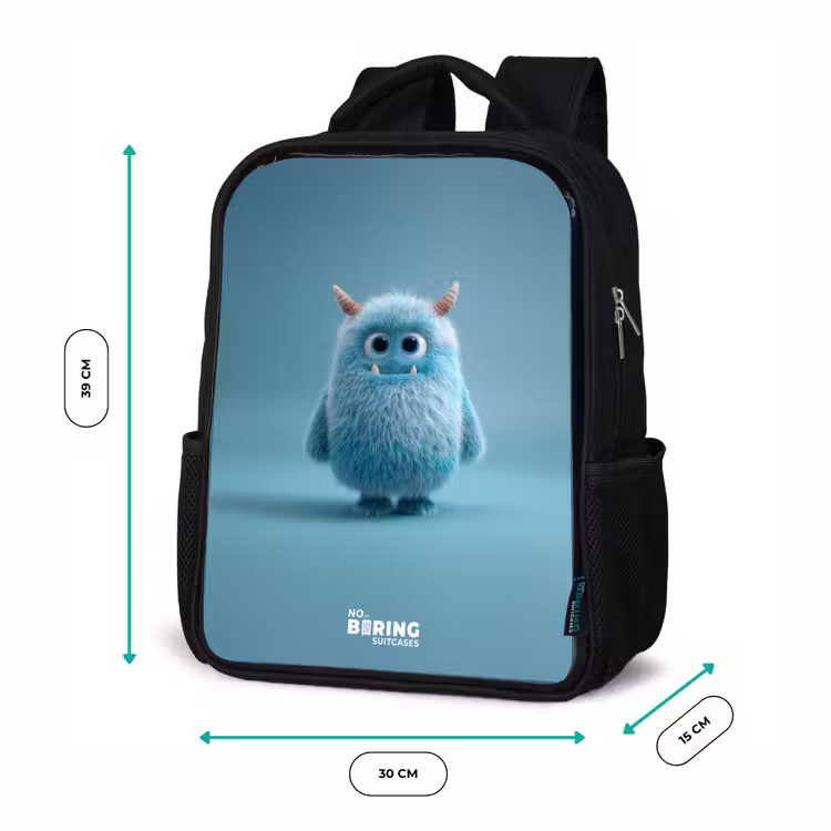 Kids backpack - Black - Blue fluffy monster with horns — 8