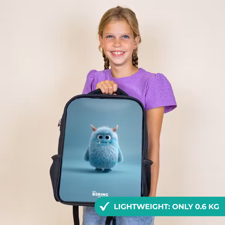 Kids backpack - Black - Blue fluffy monster with horns — 9