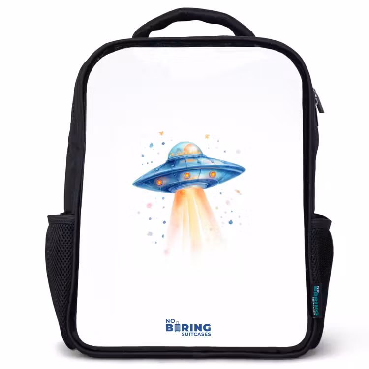 Kids backpack - Black - Blue spaceship with beam of light — 1