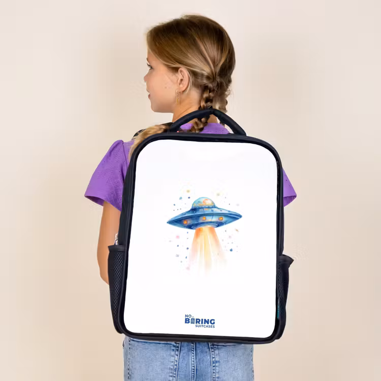Kids backpack - Black - Blue spaceship with beam of light — 4