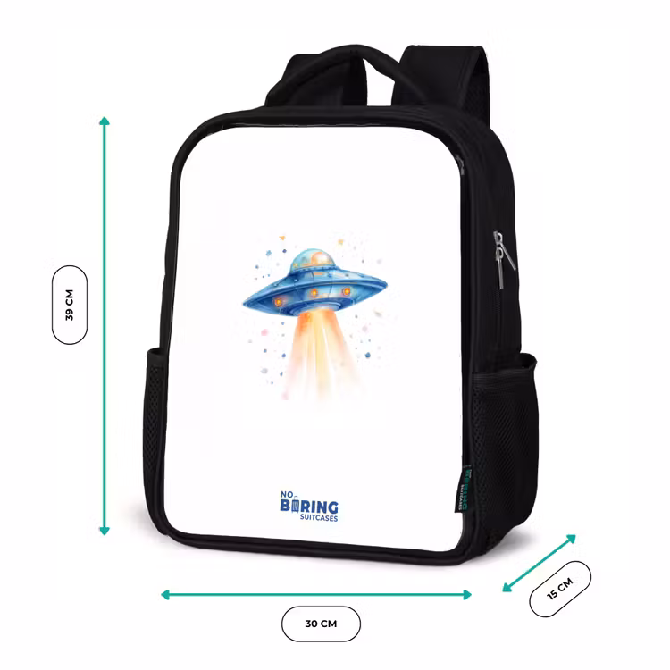 Kids backpack - Black - Blue spaceship with beam of light — 8