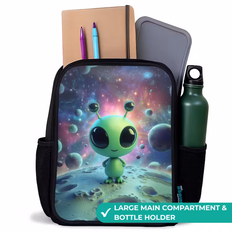 Kids backpack - Black - Green alien creature on lunar landscape — 10