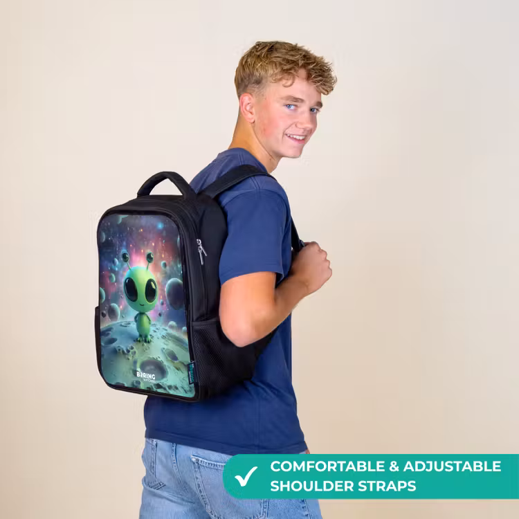 Kids backpack - Black - Green alien creature on lunar landscape — 11