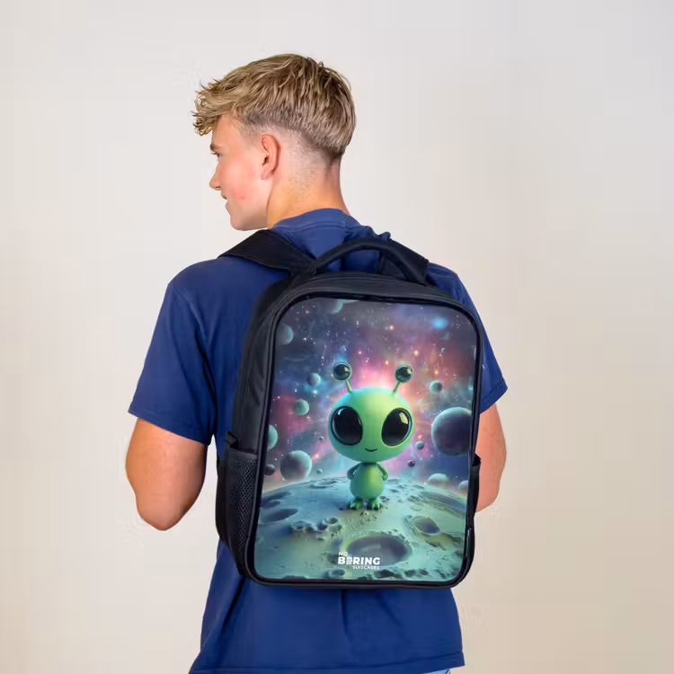 Kids backpack - Black - Green alien creature on lunar landscape — 5