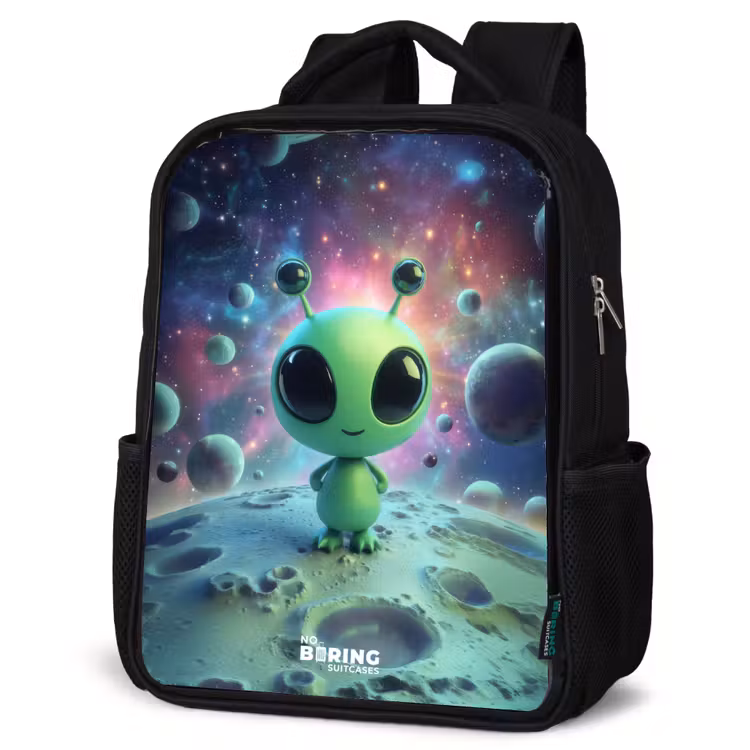 Kids backpack - Black - Green alien creature on lunar landscape — 6