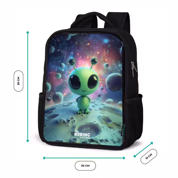 Kids backpack - Black - Green alien creature on lunar landscape — 8