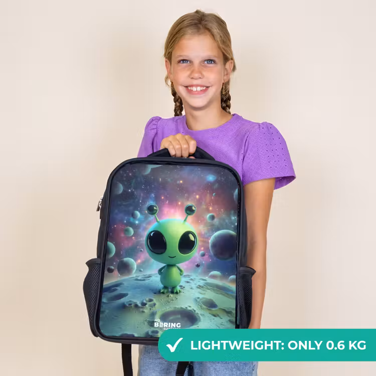 Kids backpack - Black - Green alien creature on lunar landscape — 9
