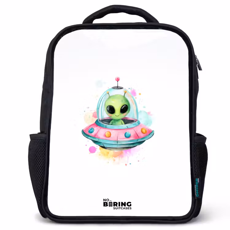Kids backpack - Black - Green alien in colorful UFO — 1