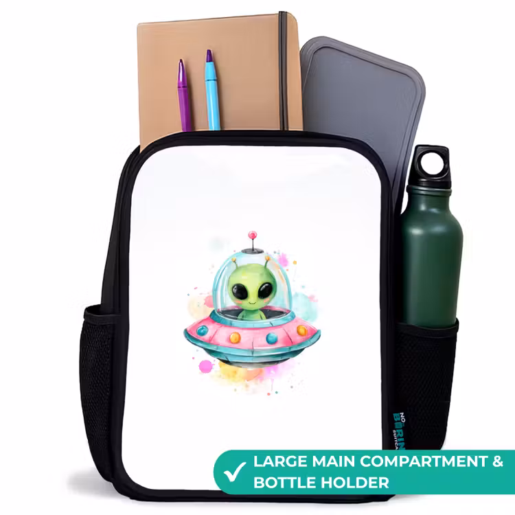 Kids backpack - Black - Green alien in colorful UFO — 10