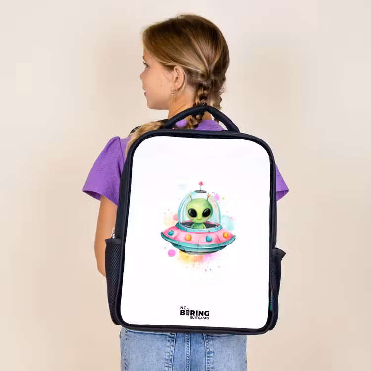 Kids backpack - Black - Green alien in colorful UFO — 4