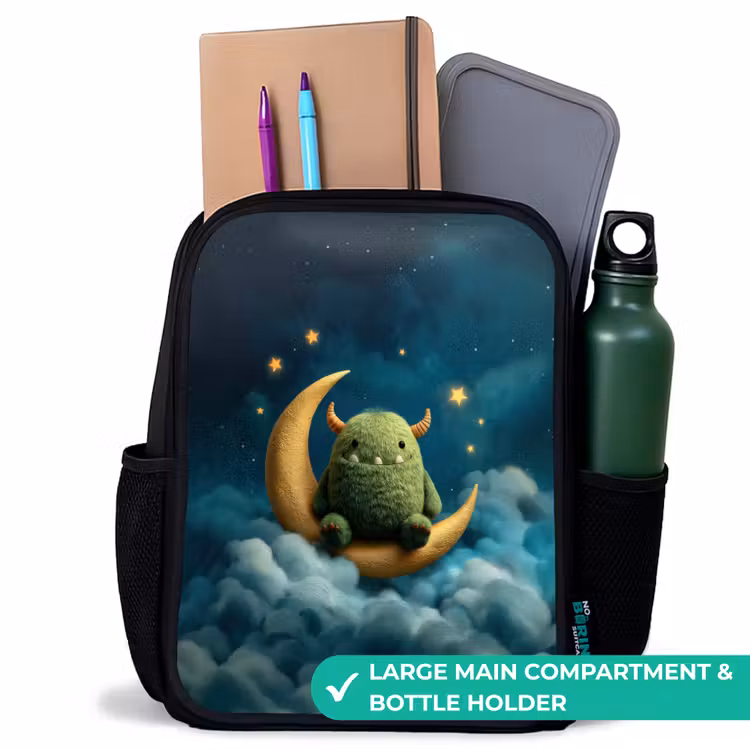 Kids backpack - Black - Green monster on crescent moon — 10