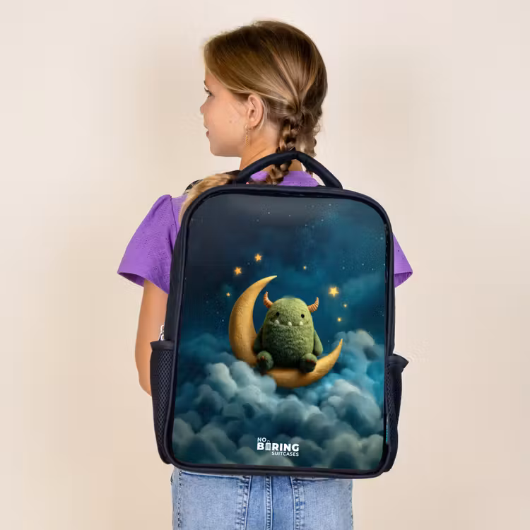 Kids backpack - Black - Green monster on crescent moon — 4