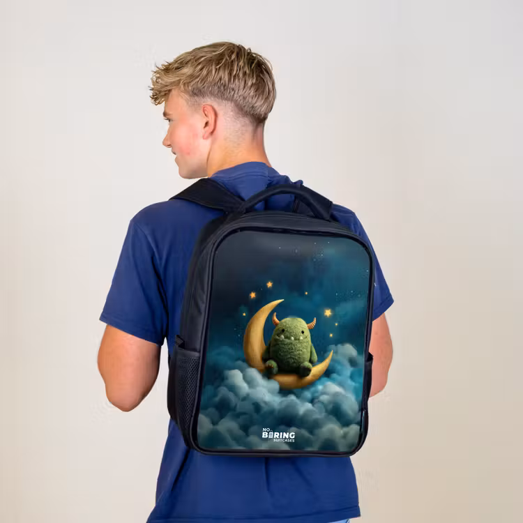 Kids backpack - Black - Green monster on crescent moon — 5