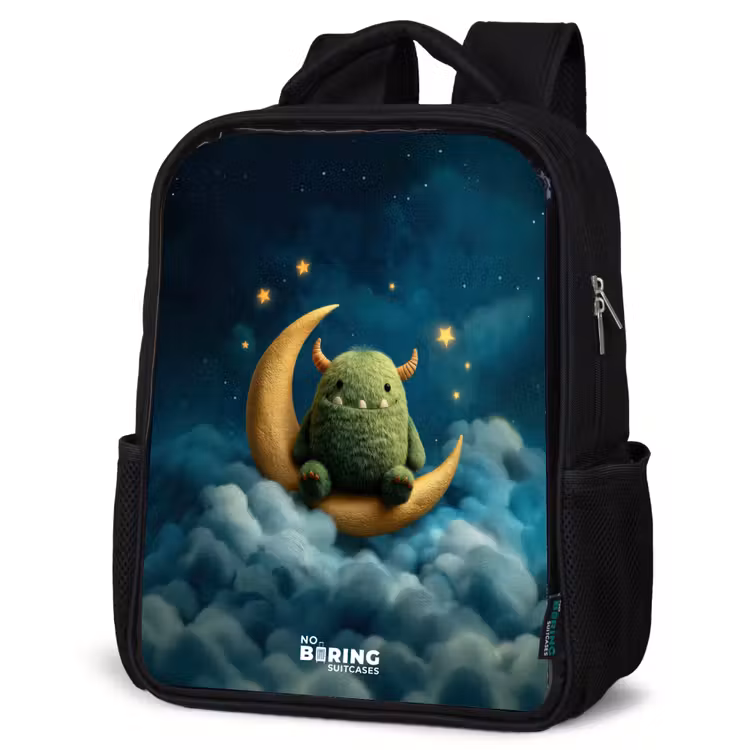 Kids backpack - Black - Green monster on crescent moon — 6