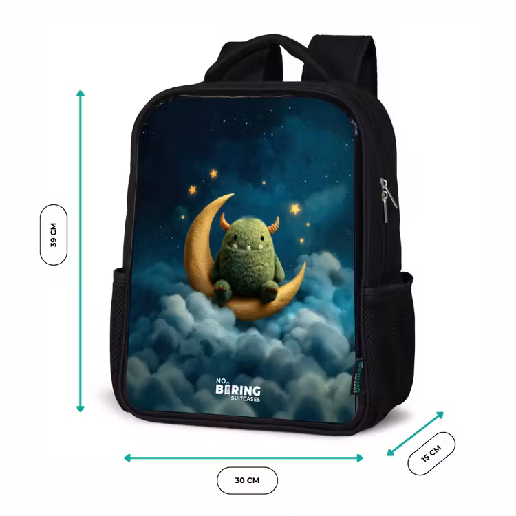 Kids backpack - Black - Green monster on crescent moon — 8