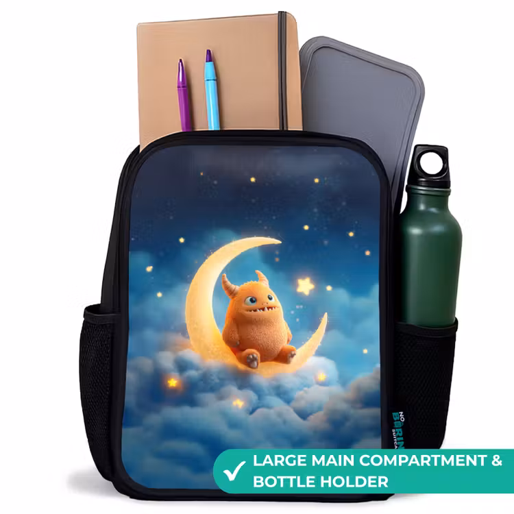 Kids backpack - Black - Orange monster on crescent moon — 10