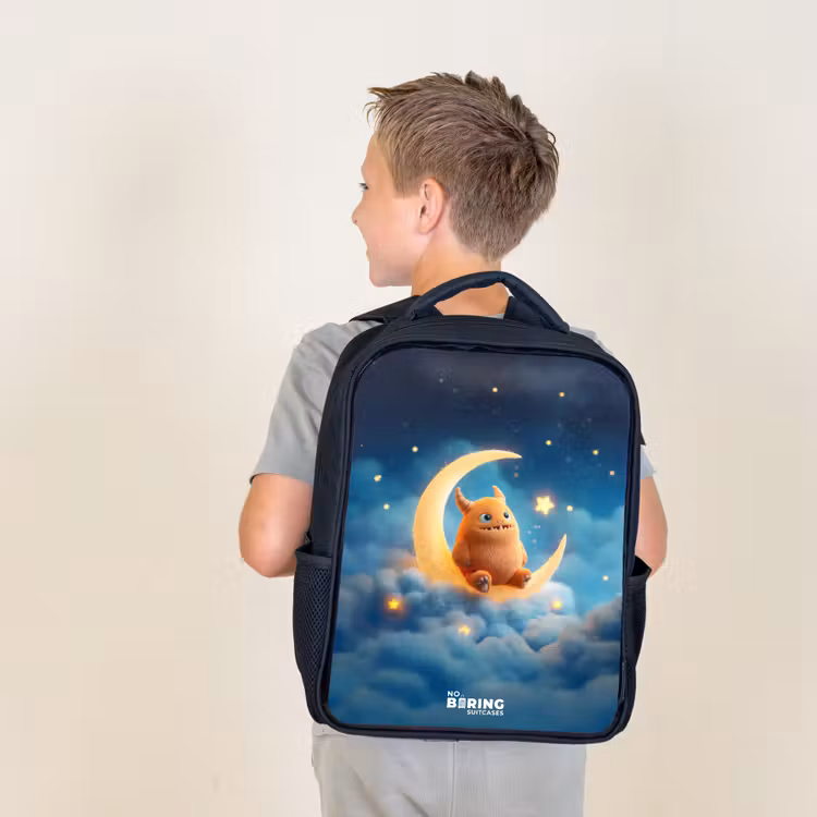 Kids backpack - Black - Orange monster on crescent moon — 2