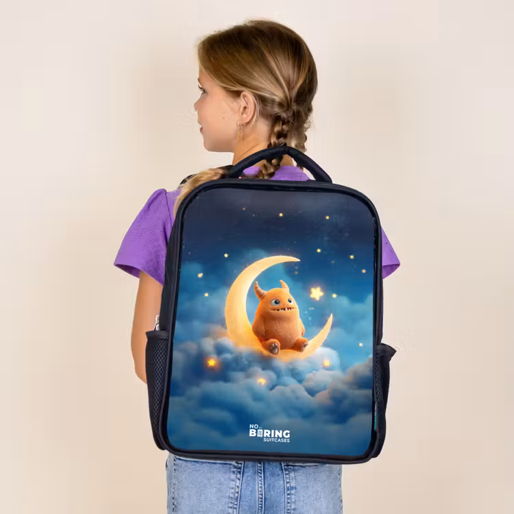 Kids backpack - Black - Orange monster on crescent moon — 4