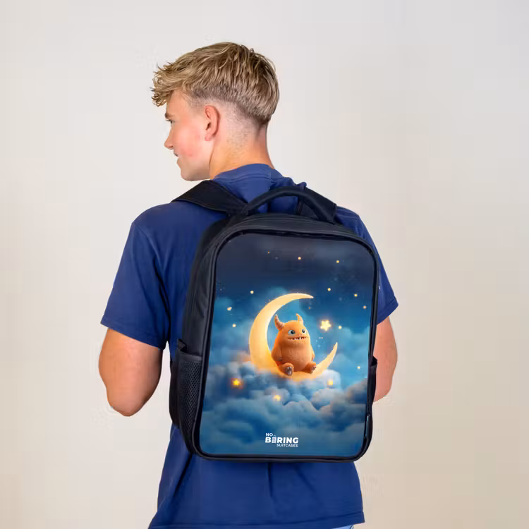 Kids backpack - Black - Orange monster on crescent moon — 5