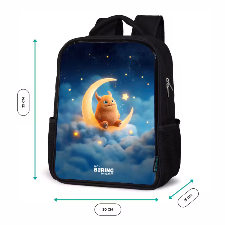 Kids backpack - Black - Orange monster on crescent moon — 8