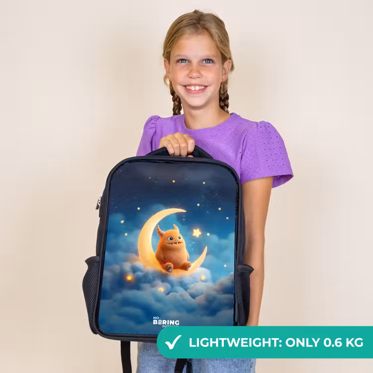 Kids backpack - Black - Orange monster on crescent moon — 9