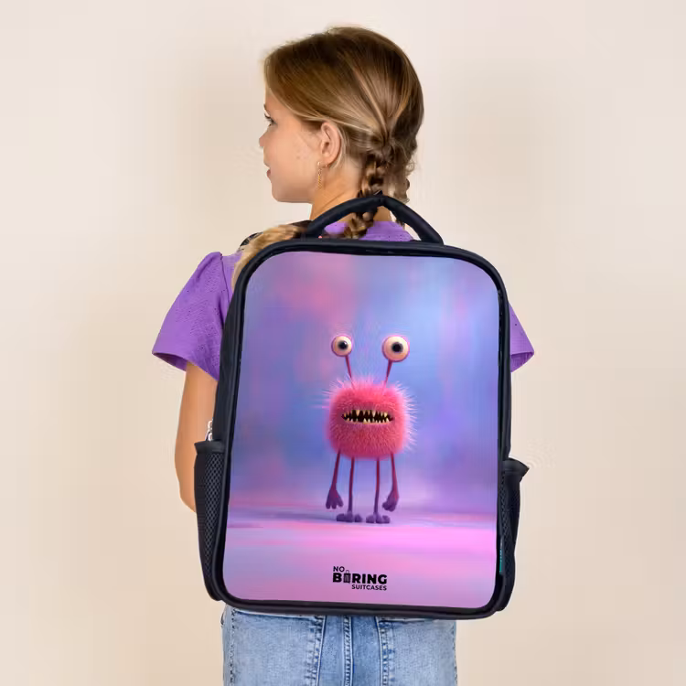 Kids backpack - Black - Pink furry monster with big eyes — 4
