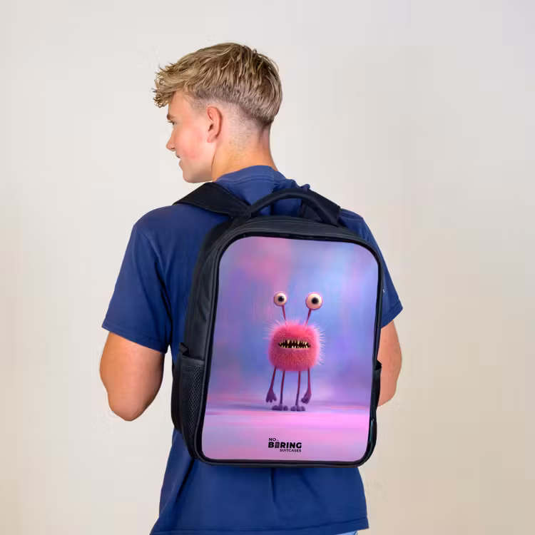 Kids backpack - Black - Pink furry monster with big eyes — 5