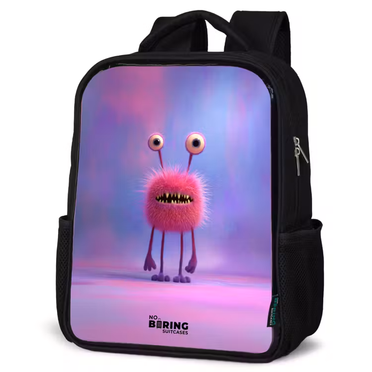 Kids backpack - Black - Pink furry monster with big eyes — 6