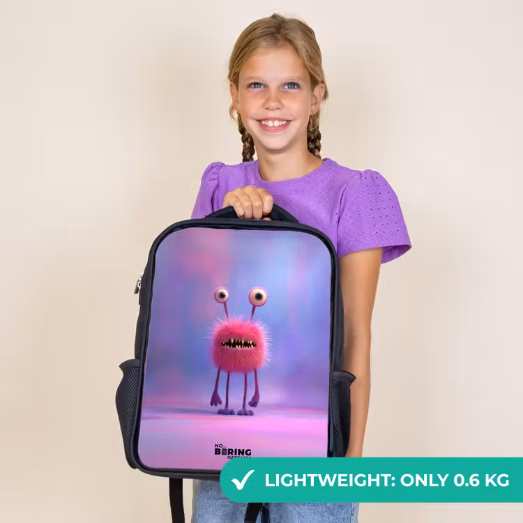 Kids backpack - Black - Pink furry monster with big eyes — 9