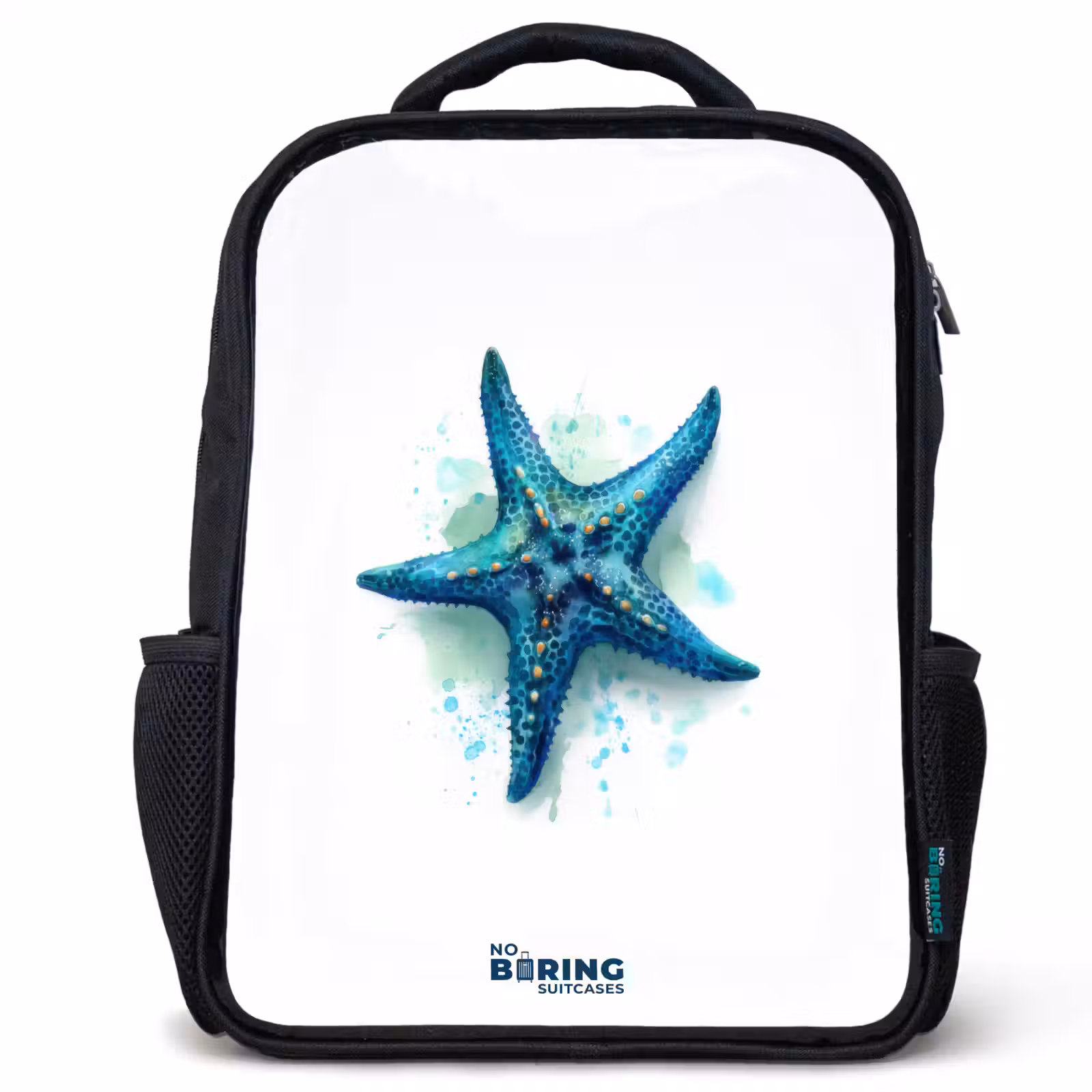 Kids backpack - Black - Blue Starfish on White Background — 1